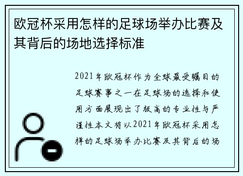 欧冠杯采用怎样的足球场举办比赛及其背后的场地选择标准