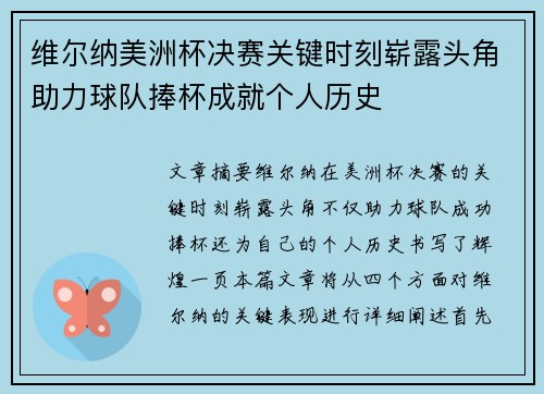 维尔纳美洲杯决赛关键时刻崭露头角助力球队捧杯成就个人历史