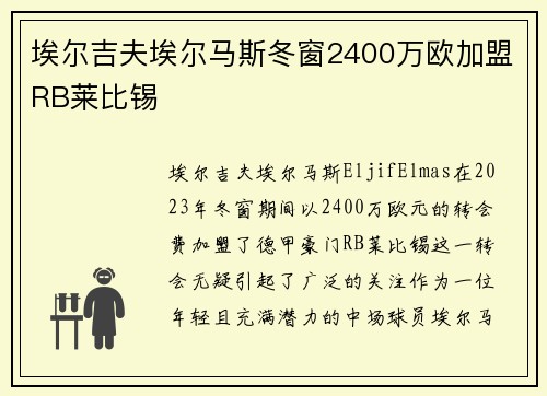埃尔吉夫埃尔马斯冬窗2400万欧加盟RB莱比锡