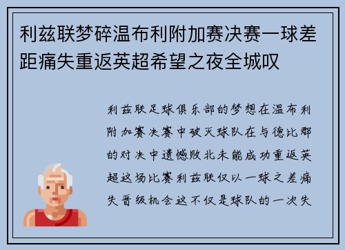 利兹联梦碎温布利附加赛决赛一球差距痛失重返英超希望之夜全城叹 利兹联梦碎温布利附加赛决赛一球差距痛失重返英超希望之夜全城叹